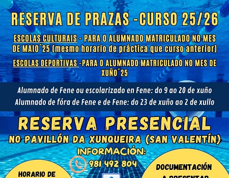 Reserva de prazas para as escolas culturais e deportivas municipais do Concello de Fene 2025-26