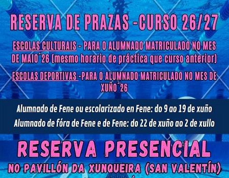 Reserva de prazas para as escolas culturais e deportivas municipais do Concello de Fene 2026-27